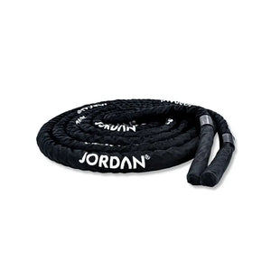 The JORDAN Battle Ropes – Heavy-Duty Functional Training Ropes (10m & 15m) by Jordan feature a coiled black design with JORDAN in white, a smooth protective cover, and a nozzle end—perfect for tough functional workouts.