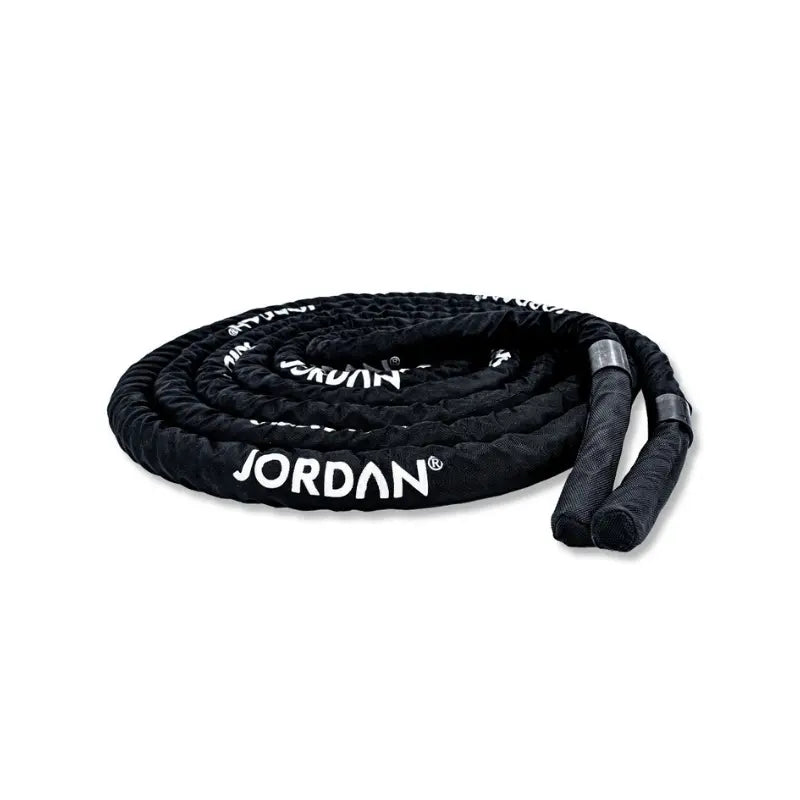 The JORDAN Battle Ropes – Heavy-Duty Functional Training Ropes (10m & 15m) by Jordan feature a coiled black design with JORDAN in white, a smooth protective cover, and a nozzle end—perfect for tough functional workouts.