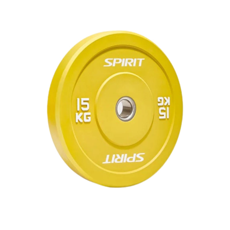 Yellow weight plate with 'Spirit' branding on a white background