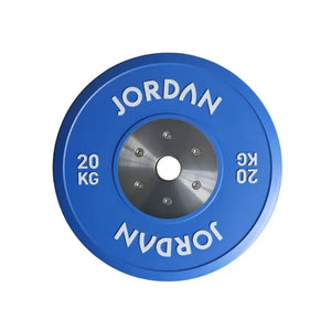 A green 10kg JORDAN Olympic Competition Calibrated Weight Plate (IWF Standard) features Jordan in white twice on the edge and a metal center ring.