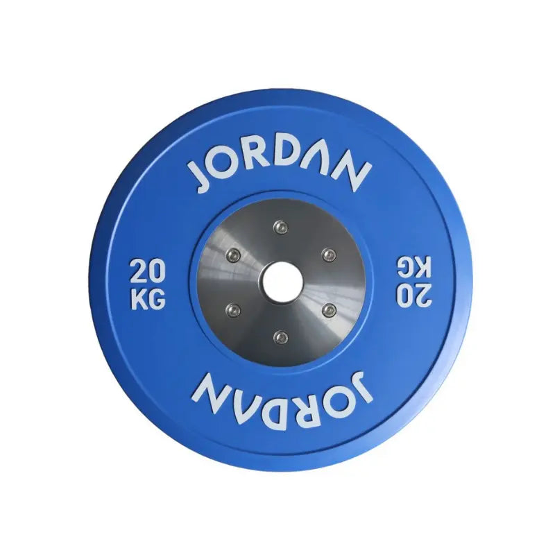 A green 10kg JORDAN Olympic Competition Calibrated Weight Plate (IWF Standard) features Jordan in white twice on the edge and a metal center ring.