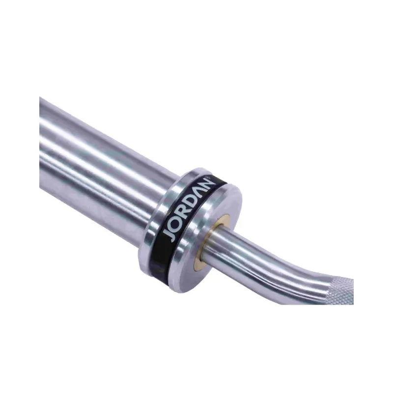 The JORDAN EZ Curl Bar – Olympic Bicep & Tricep Barbell by Jordan, featuring angled bends and rotating sleeves, is shown on a white background.
