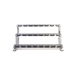 Black metal shelf with multiple levels on a white background