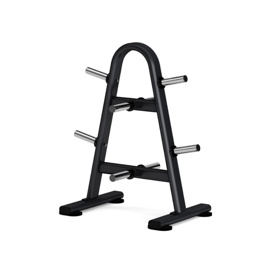 The Attack Fitness Attack Strength Weight Plate Tree – Olympic Plate Storage Rack features eight chromed horns for plate storage, making it ideal commercial gym equipment. Shown here standing on a white background.