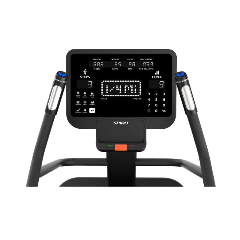 Digital display panel of a Spirit brand  Stair Climber machine on a white background