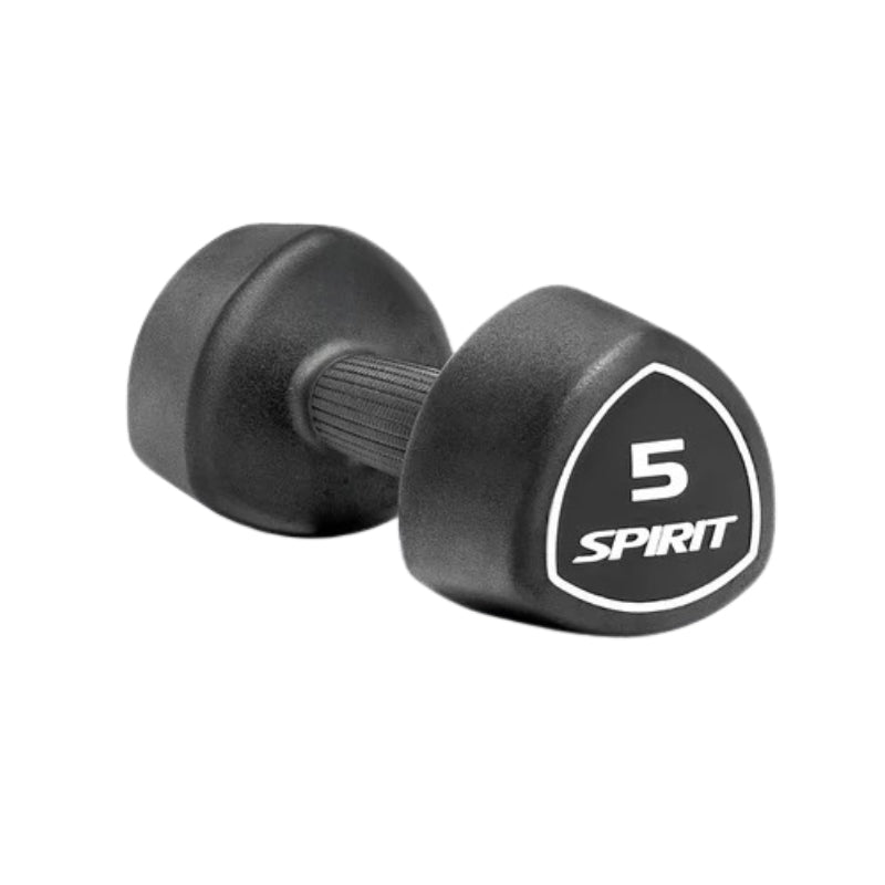 Black dumbbell with 'Spirit' branding on a white background