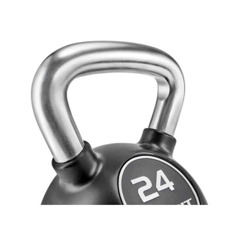 Kettlebell with a silver handle and black base displaying the number 24 on a white background