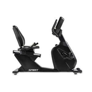Black recumbent exercise bike with the "Spirit" logo on a white background