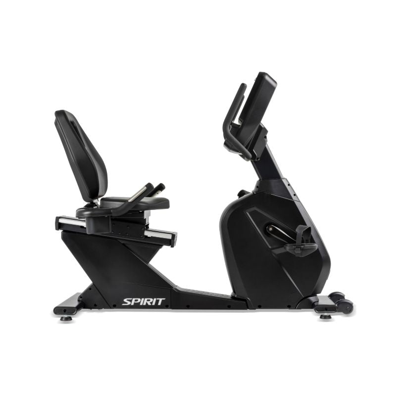 Black recumbent exercise bike with the "Spirit" logo on a white background
