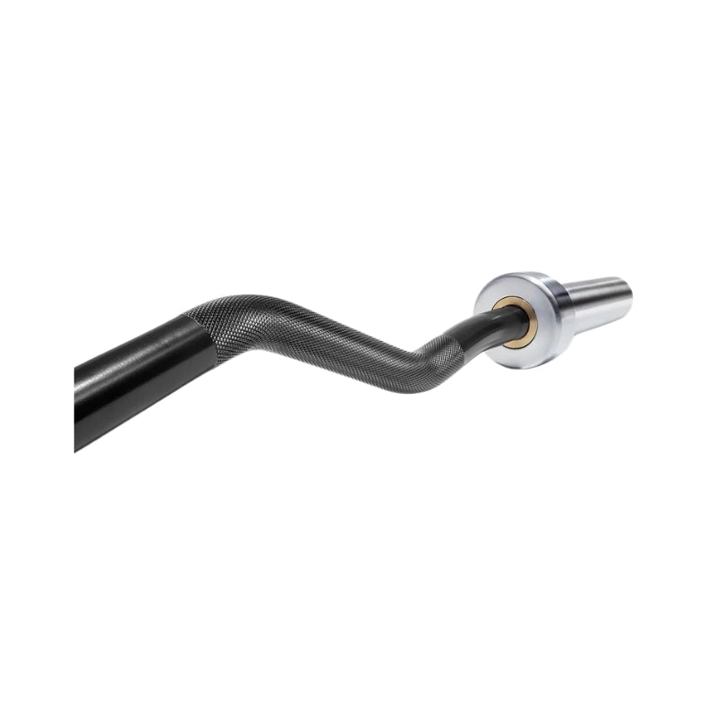 A close-up of a black, textured EZ curl barbell with a knurled grip and a silver rotating sleeve, isolated on a white background.