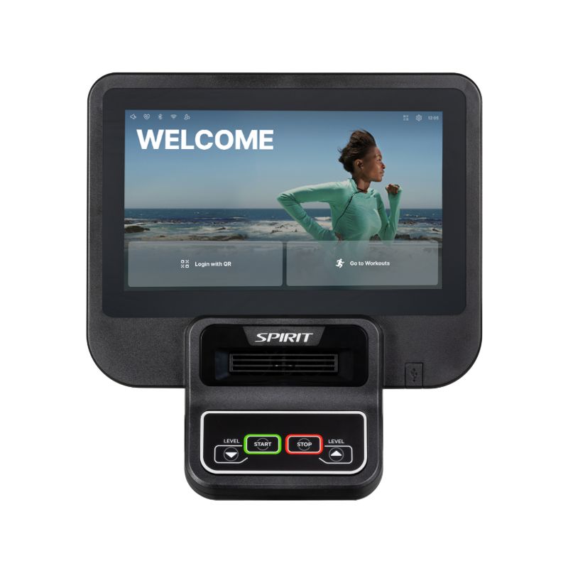 Fitness equipment console with digital display and control buttons on a white background