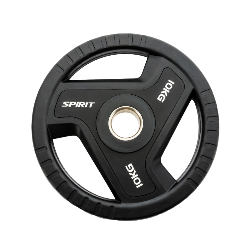Black weight plate with 'Spirit' branding on a white background