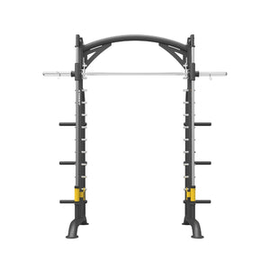 A black and silver Smith machine with a barbell, plate storage pegs, and an arched top frame, shown on a white background.