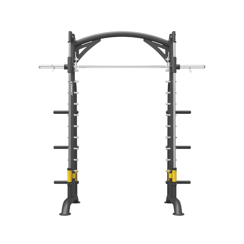 A black and silver Smith machine with a barbell, plate storage pegs, and an arched top frame, shown on a white background.
