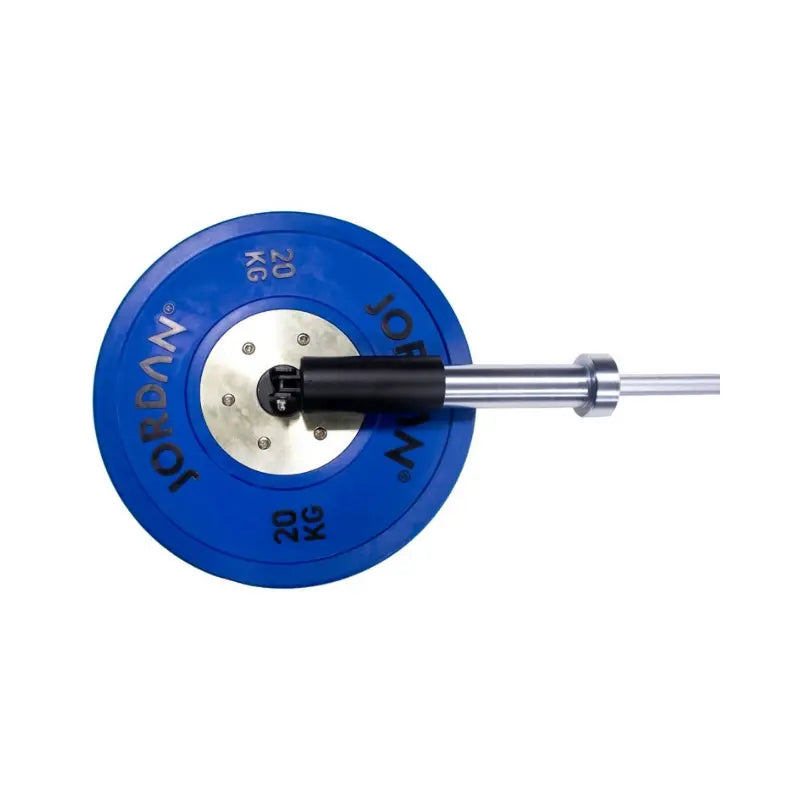 A gray cylindrical Olympic bar attachment with Jordan printed on it, the JORDAN Portable Landmine Trainer features an angled connector and clamp mechanism, resembling a car exhaust tip.