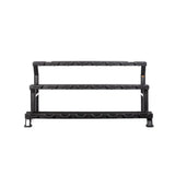 Black metal shelf with multiple levels on a white background
