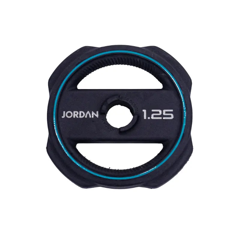 The Jordan Ignite Pump X™ Rubber Studio Set features a black studio barbell with textured grip and labeled round rubber plates, all in a sleek design, studio ready and shown isolated on a white background.
