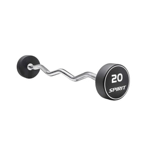 Curved 20kg barbell branded 'Spirit', on a white background