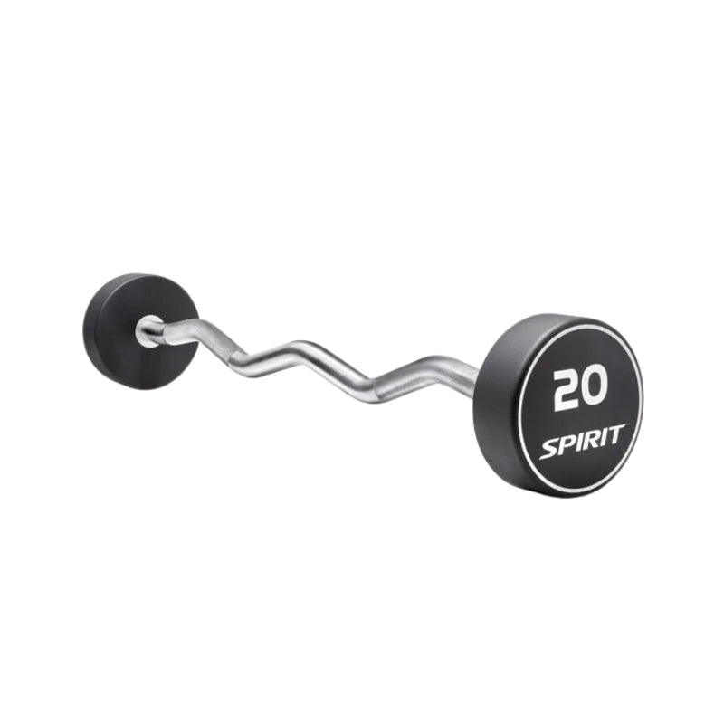 Curved 20kg barbell branded 'Spirit', on a white background