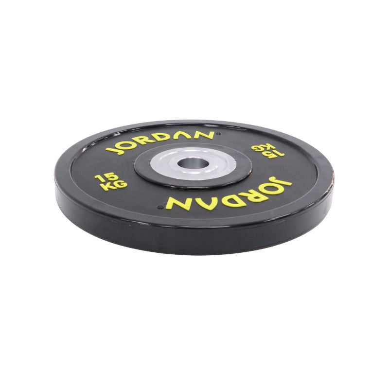 The JORDAN Urethane Olympic Competition Plate by Jordan is a black plate with yellow "JORDAN" lettering and "15 KG," featuring competition-grade accuracy and a silver centre hole for barbell mounting.