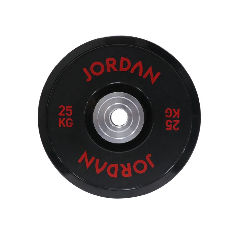 The JORDAN Urethane Olympic Competition Plate by Jordan is a black plate with red "JORDAN" lettering and "25 KG," featuring competition-grade accuracy and a silver centre hole for barbell mounting.