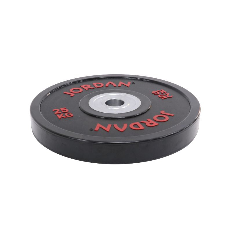 The JORDAN Urethane Olympic Competition Plate by Jordan is a black plate with red "JORDAN" lettering and "25 KG," featuring competition-grade accuracy and a silver centre hole for barbell mounting.