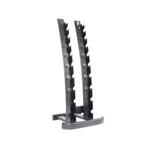 The JORDAN Vertical Dumbbell Storage Rack by Jordan features two curved black columns, a rectangular base, and multiple slots for 10 pairs (1–10kg / 2–20kg), offering space-saving storage against a white background.