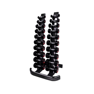 The JORDAN Vertical Dumbbell Storage Rack by Jordan features two curved black columns, a rectangular base, and multiple slots for 10 pairs (1–10kg / 2–20kg), offering space-saving storage against a white background.