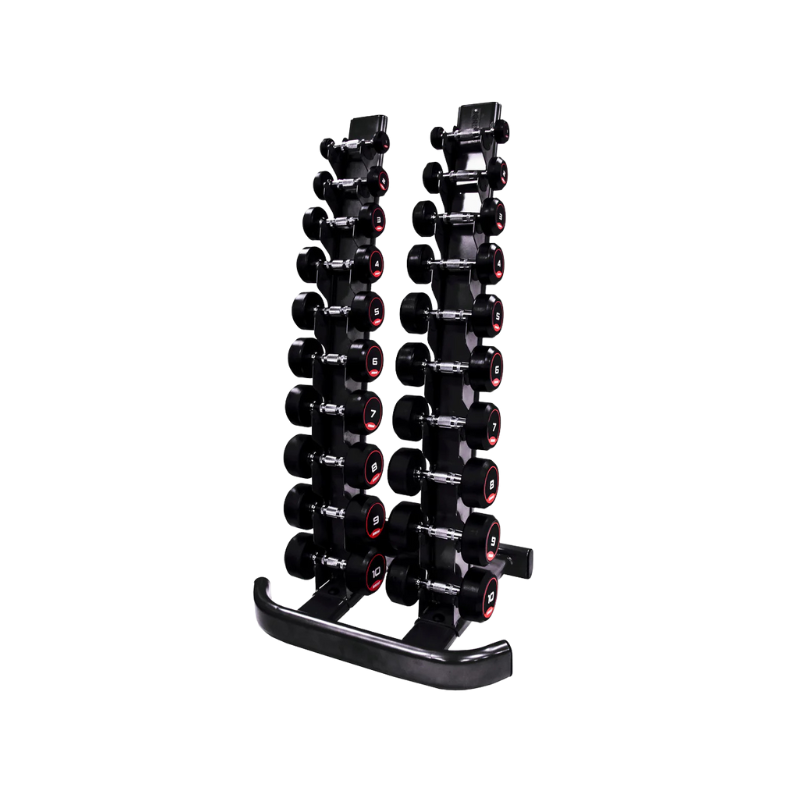 The JORDAN Vertical Dumbbell Storage Rack by Jordan features two curved black columns, a rectangular base, and multiple slots for 10 pairs (1–10kg / 2–20kg), offering space-saving storage against a white background.