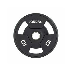 A black JORDAN Urethane Tri-Grip Weight Plate features three grip holes, JORDAN at the top, and 25 twice in white text, showing a 25kg weight. Part of the Jordan Urethane Tri-Grip Weight Plates collection.