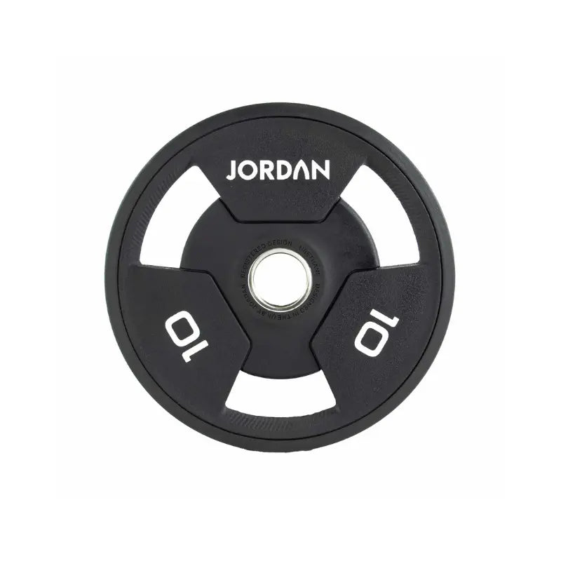 A black JORDAN Urethane Tri-Grip Weight Plate features three grip holes, JORDAN at the top, and 25 twice in white text, showing a 25kg weight. Part of the Jordan Urethane Tri-Grip Weight Plates collection.