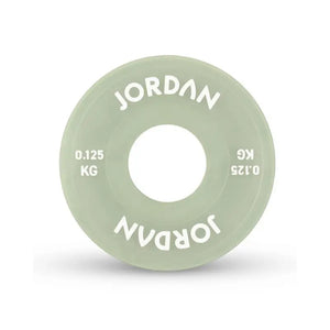 The Jordan Urethane Fractional Change Plate Set features colour-coded Olympic weight plates (0.5kg–2.5kg), including a red 2.5kg plate—ideal for micro-loading and easy weight identification on your barbell. Displayed on a white background.