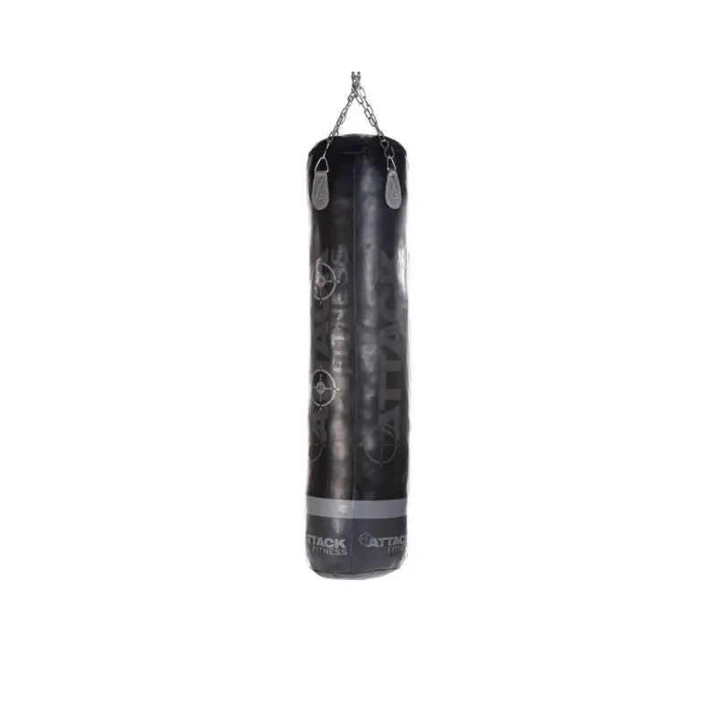 The Attack Fitness 5ft Leather Punch Bag in Black/Graphite Grey (60kg) hangs from a metal chain against a white background, ideal for boxing and MMA training.