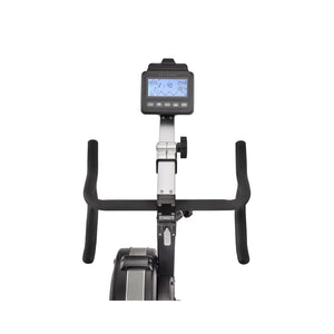 Front view of a stationary exercise bike showing its handlebars, digital display screen with controls, and part of the bike’s frame against a plain white background.