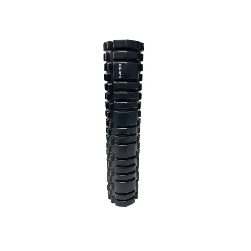 The Jordan Medium-Density Massage Roller – Everyday Foam Roller features a textured black, grid-like surface with Jordan printed in white, perfect for daily recovery and muscle relief. Pictured horizontally on a white background.