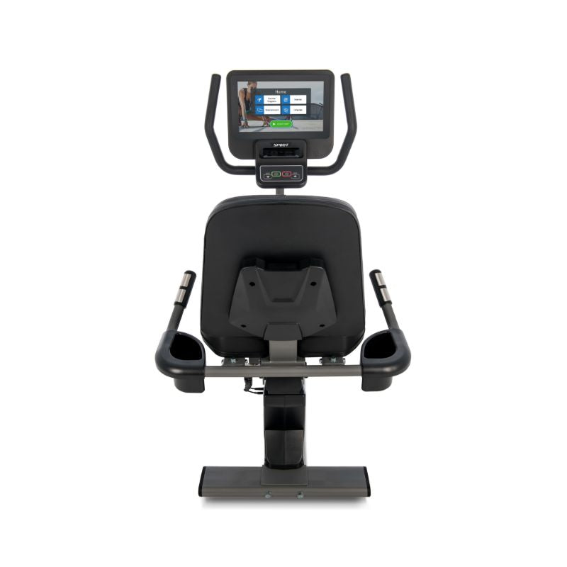 Recumbent bike with digital display on a white background