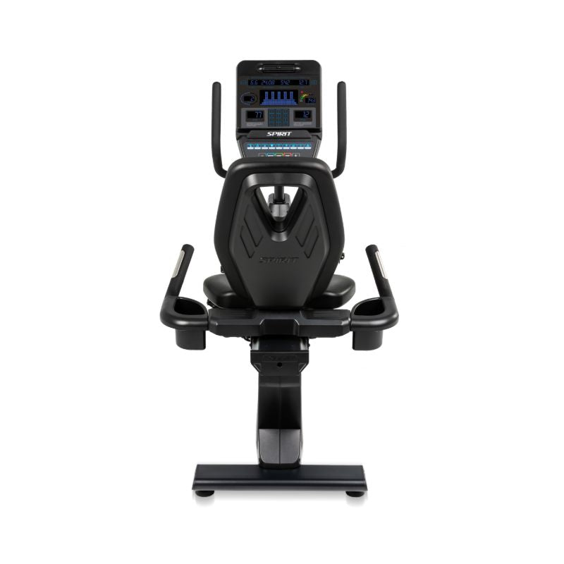 Black exercise bike with digital display on a white background