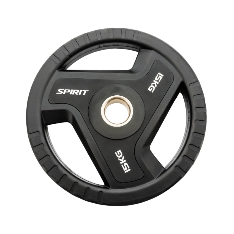 Black weight plate with 'Spirit' branding on a white background