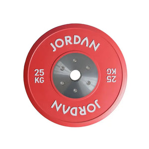 A green 10kg JORDAN Olympic Competition Calibrated Weight Plate (IWF Standard) features Jordan in white twice on the edge and a metal center ring.