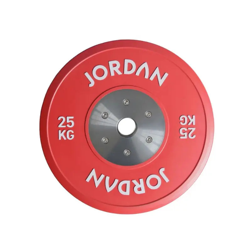 A green 10kg JORDAN Olympic Competition Calibrated Weight Plate (IWF Standard) features Jordan in white twice on the edge and a metal center ring.
