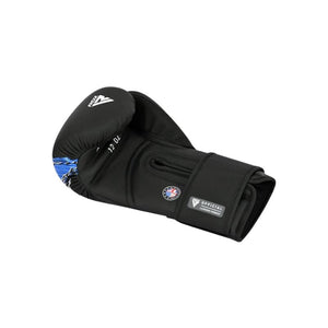 A single black 12 oz boxing glove with a white logo on the back of the hand and a blue graphic accent, shown on a plain white background.