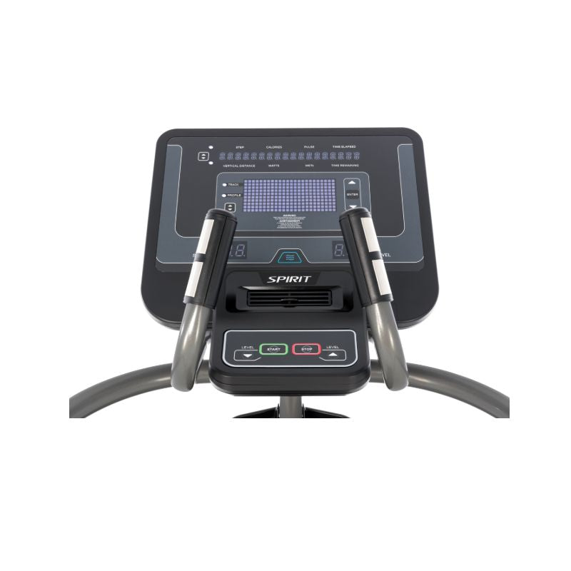 Close-up of a Spirit elliptical trainer console on a white background