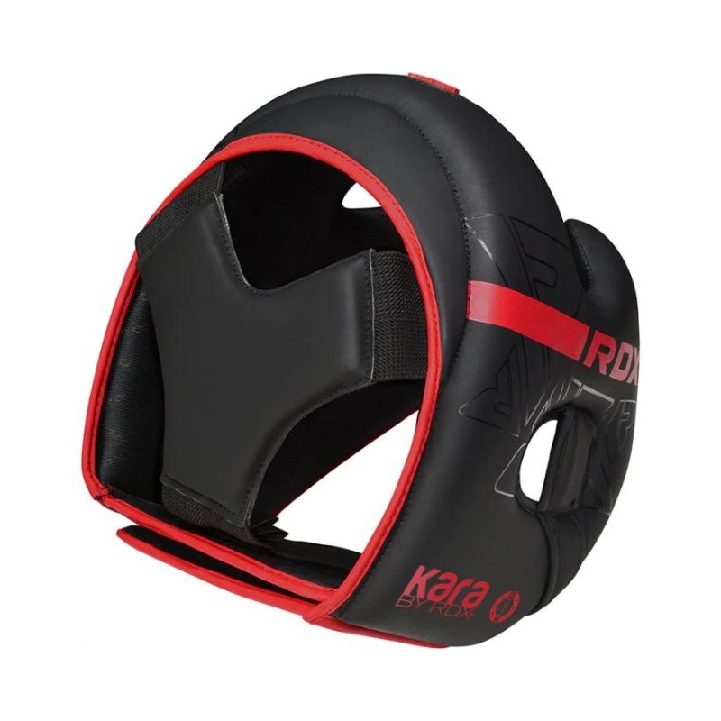 Black and red Karate Sprix RDX protective headgear for martial arts, shown at an angle on a white background.