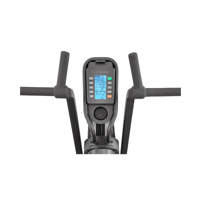 Close-up of a fitness machine's digital display and handlebars. The screen shows workout information such as time, distance, calories, and pulse, with multiple buttons below for control. The handles are padded and angled outward.