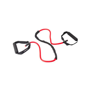 The JORDAN Resistance Tubes by Jordan, colour-coded for resistance levels, feature black foam handles and are designed for strength training and full-body workouts, shown here in pink against a white background.