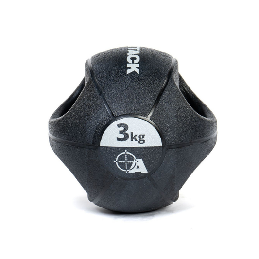 Attack Fitness Double Grip Medicine Ball (3kg) in black features two large side handles, a textured surface, white text, and target graphic—ideal for functional fitness, core strength, and power training.