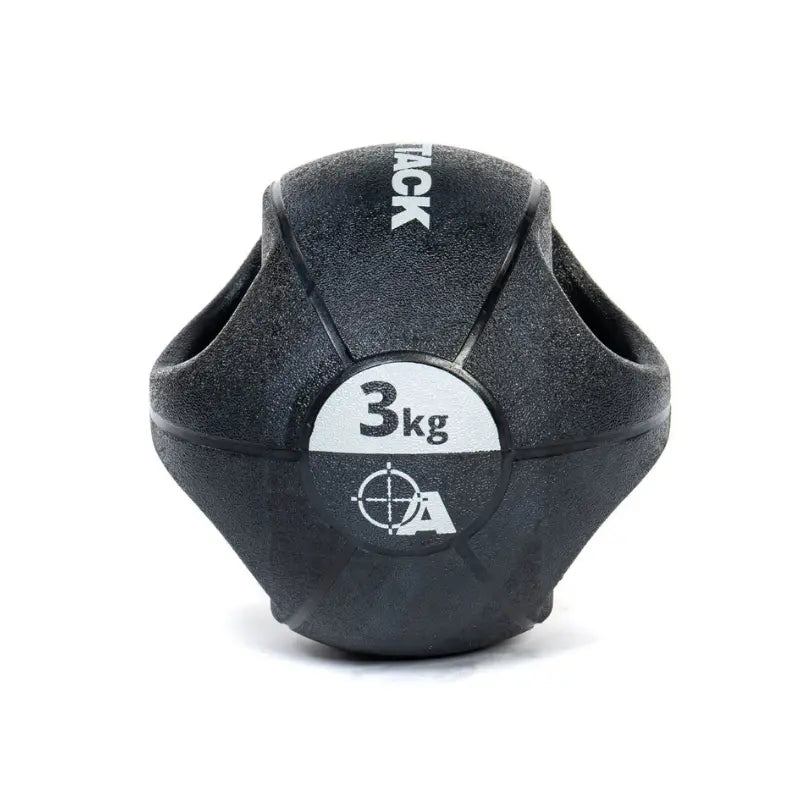 Attack Fitness Double Grip Medicine Ball (3kg) in black features two large side handles, a textured surface, white text, and target graphic—ideal for functional fitness, core strength, and power training.