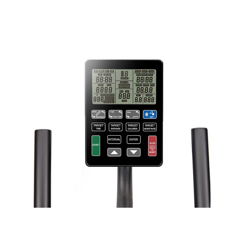 Digital exercise machine display with buttons for start, enter, target time, target calories, target distance, interval, and stop/reset, along with two black handles visible on either side.