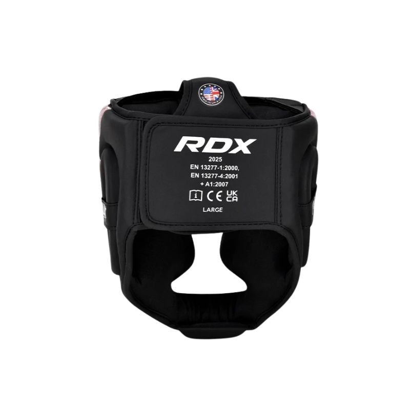 Black RDX boxing headgear shown from the front on a plain white background.