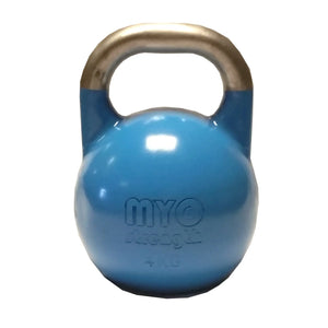 The MYO Strength Competition Kettlebell, made of hollow steel with a 35mm handle and color-coded by weight (4–40kg), is ideal for competition training and available for UK delivery.